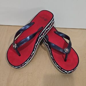 🐞Brighton Red Platform Flip-Flops with Navy Straps
